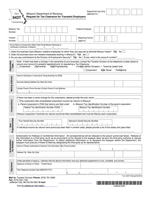 Fillable Form 943t - Request For Tax Clearance For Transient Employers Printable pdf