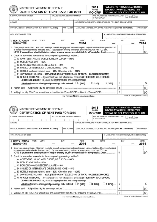 Fillable Form Mo-Crp - Certification Of Rent Paid For 2014 Printable pdf