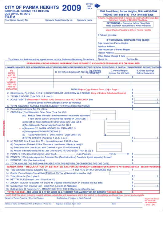 Individual Income Tax Return Form - City Of Parma Heights - 2009 Printable pdf