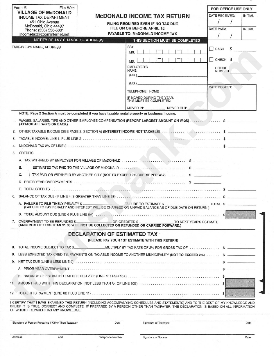 Form R - Mcdonald Income Tax Return Form - Incone Tax Department - Ohio