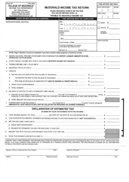 Form R - Mcdonald Income Tax Return Form - Incone Tax Department - Ohio Printable pdf