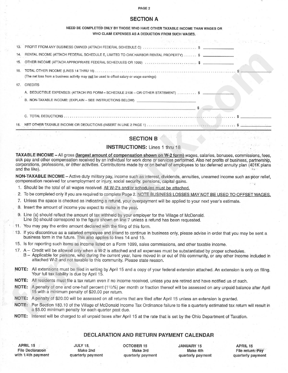 Form R - Mcdonald Income Tax Return Form - Incone Tax Department - Ohio