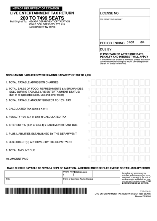 Fillable Live Entertainment Tax Return Form - 200 To 7499 Seats - Nevada Department Of Taxation - Nevada Printable pdf