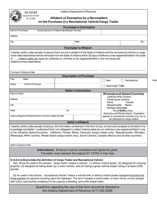 Fillable Form St-137 - Affidavit Of Exemption By A Nonresident On The Purchase Of A Recreational Vehicle/cargo Trailer Form - Indiana Department Of Revenue Printable pdf