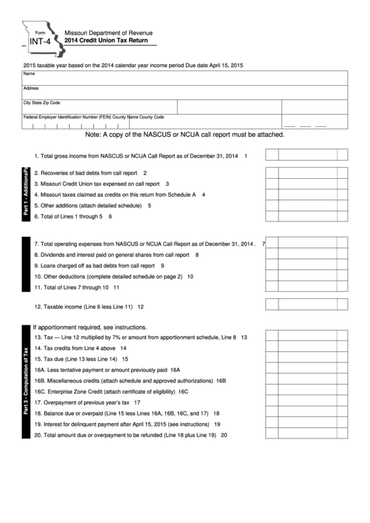 Fillable Form Int-4 - Credit Union Tax Return - 2014 Printable pdf
