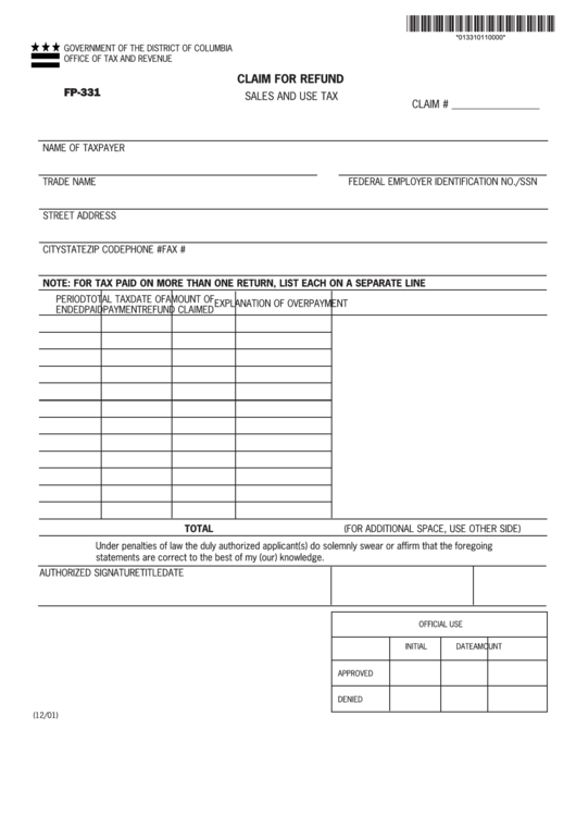Form Fp-331 - Claim For Refund - Sales And Use Tax December 2001 Printable pdf