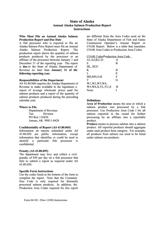 Form 04-561 - Annual Alaska Salmon Production Report Instructions Printable pdf