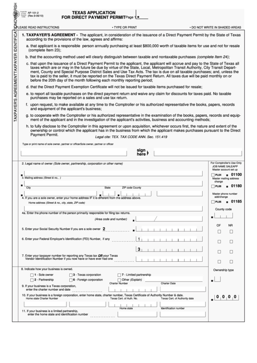 Fillable Form Ap-101-2 - Application For Direct Payment Permit - 2006 Printable pdf