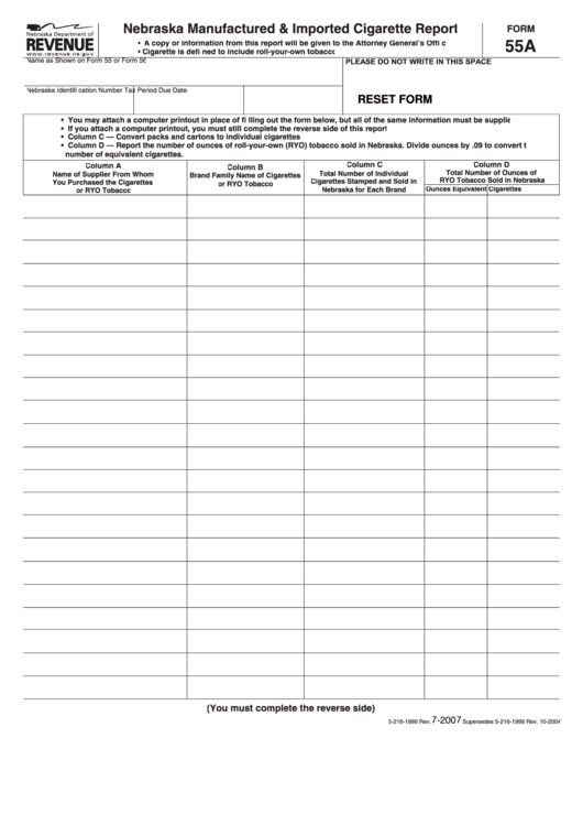 Fillable Form 55a - Nebraska Manufactured & Imported Cigarette Report July 2007 Printable pdf