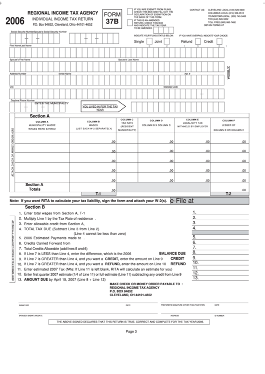Form 37b - Individual Income Tax Return Form - Regional Income Tax Agency - Ohio Printable pdf