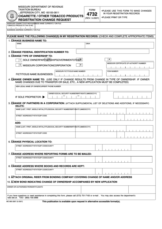 Fillable Form 4732 - Registration Change Request Printable pdf