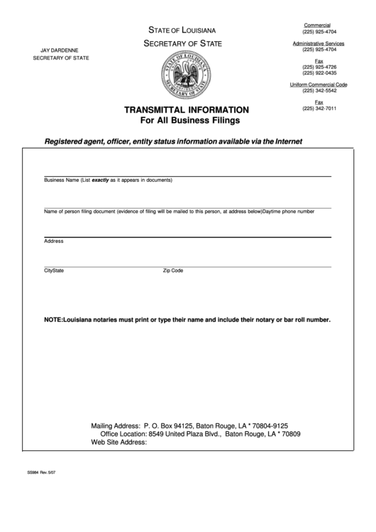 Fillable Form Ss984 - Transmittal Information For All Business Filings - State Of Louisiana Secretary Of State Printable pdf