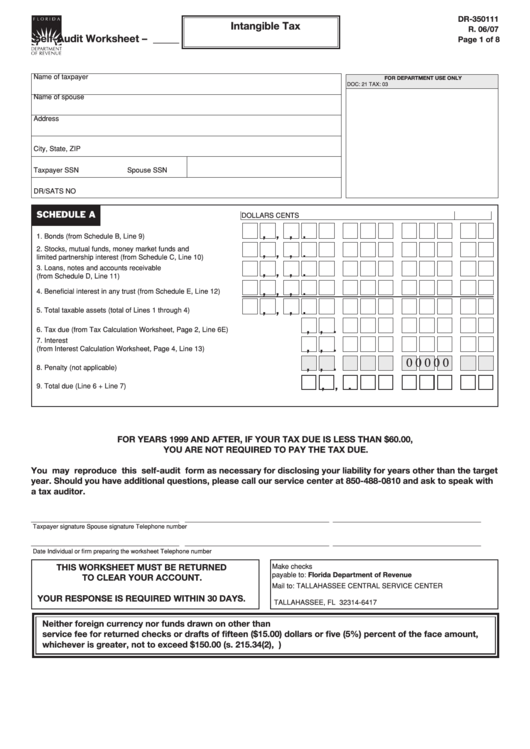 Form Dr-350111 - Intangible Tax Self_audit Worksheet Printable pdf