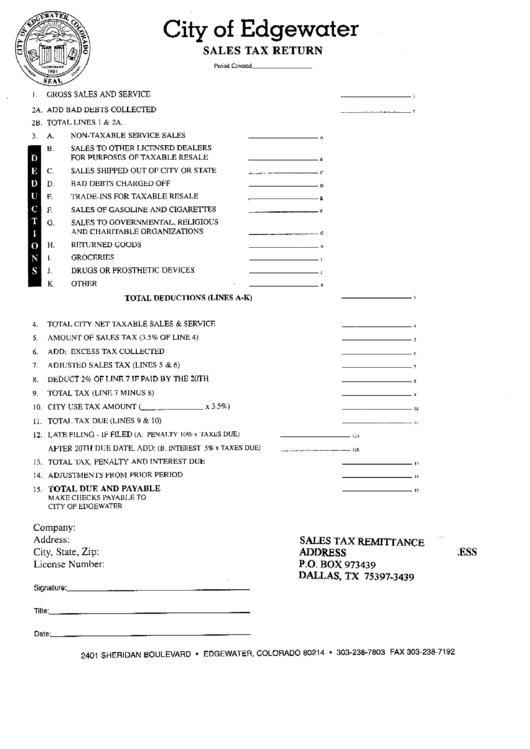 Sales Tax Return Form - City Of Edgewater Printable pdf