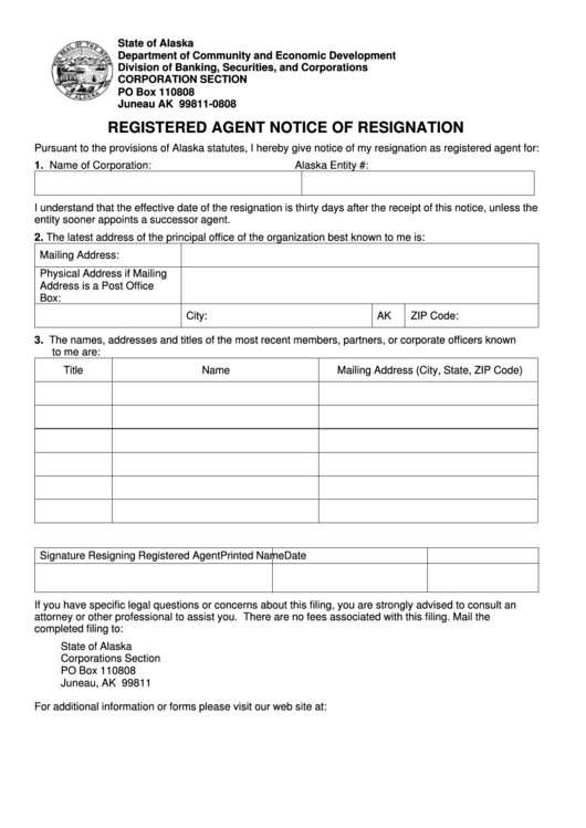 Fillable Registered Agent Notice Of Resignation Form- Department Of Community And Economic Development Printable pdf