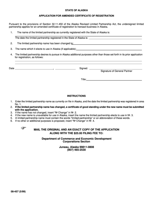 Form 08-457 - Application For Amended Certificate Of Registration - State Of Alaska Printable pdf