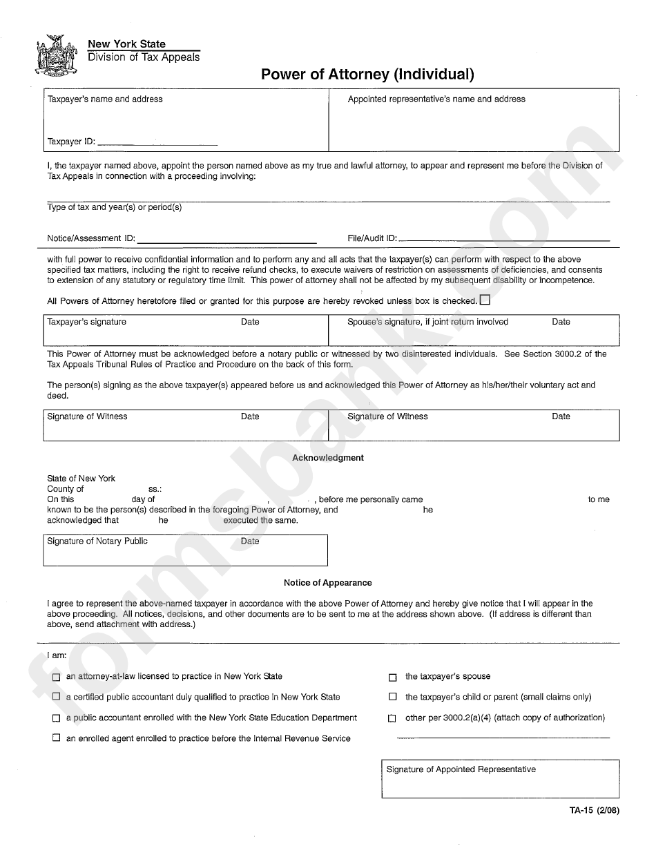 Form Ta-15 - Power Of Attorney - Nys Division Of Tax Appeals