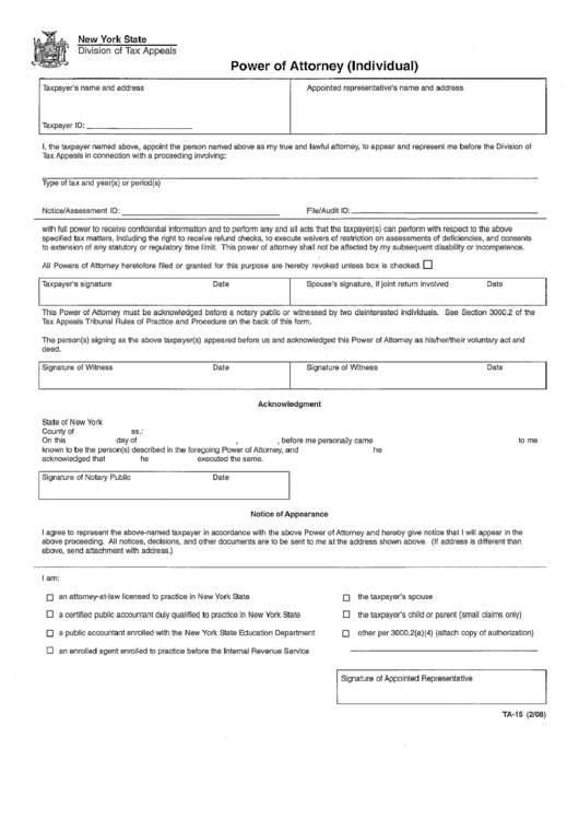 Form Ta-15 - Power Of Attorney - Nys Division Of Tax Appeals Printable pdf