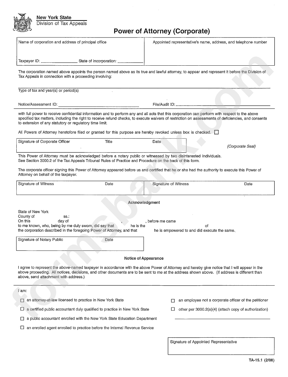 Form Ta-15.1 - Power Of Attorney(Corporate) - Nys Division Of Tax Appeals