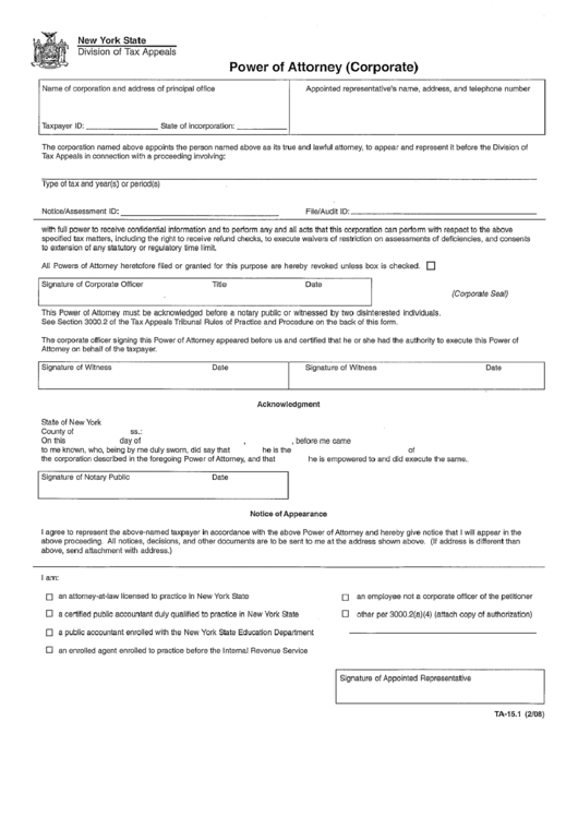 Form Ta-15.1 - Power Of Attorney(Corporate) - Nys Division Of Tax Appeals Printable pdf
