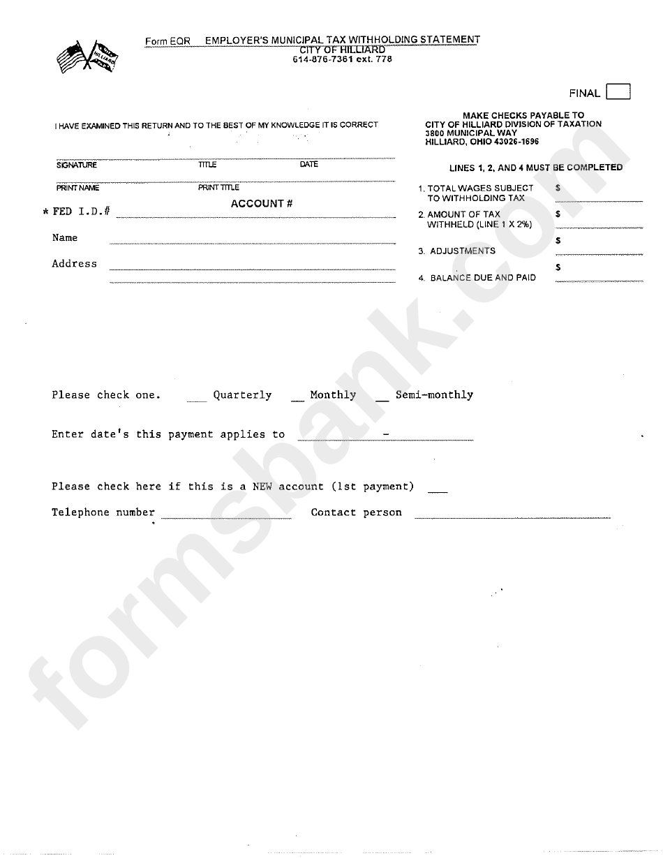 Form Eqr - Employer"S Municipal Tax Withholding Statement