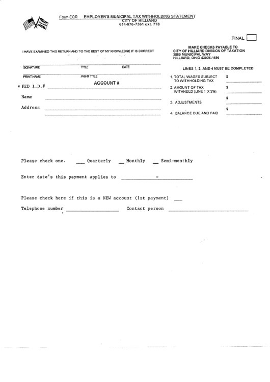 Fillable Form Eqr - Employer"S Municipal Tax Withholding Statement Printable pdf