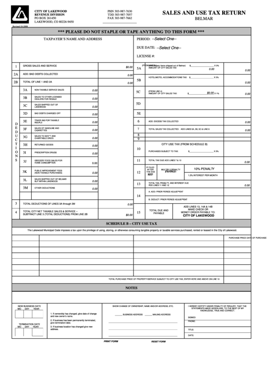 Fillable Sales And Use Tax Return - City Of Lakewood Printable pdf