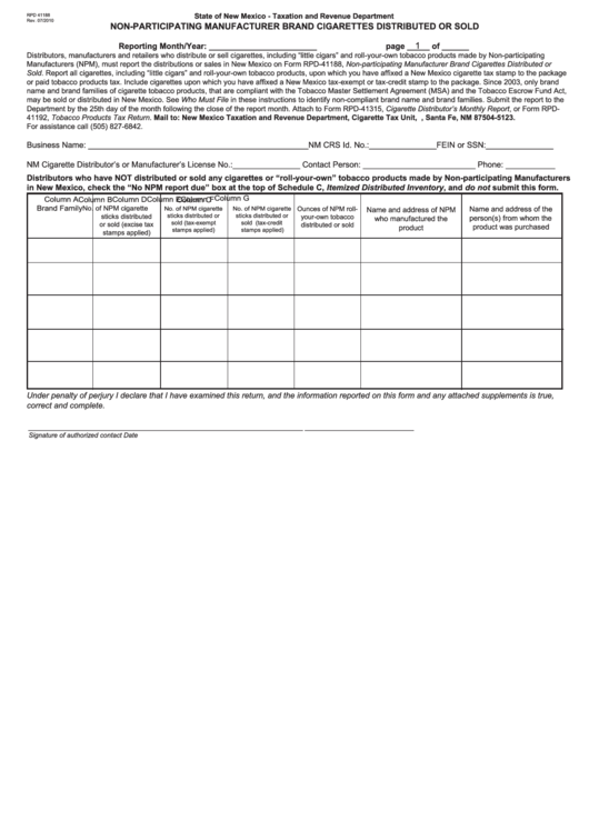 Form Rpd 41188 - Non-Participating Manufacturer Brand Cigarettes Distributed Or Sold Printable pdf