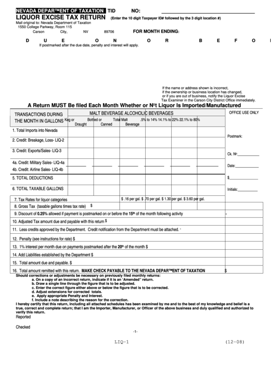 Form Liq-1 - Liquor Excise Tax Return-Nevada Department Of Taxation Printable pdf