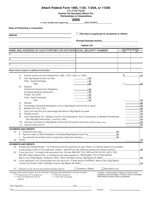 Income Tax Summary Return For Artnerships Or Corporations From - City Of Big Rapids - 2005 Printable pdf