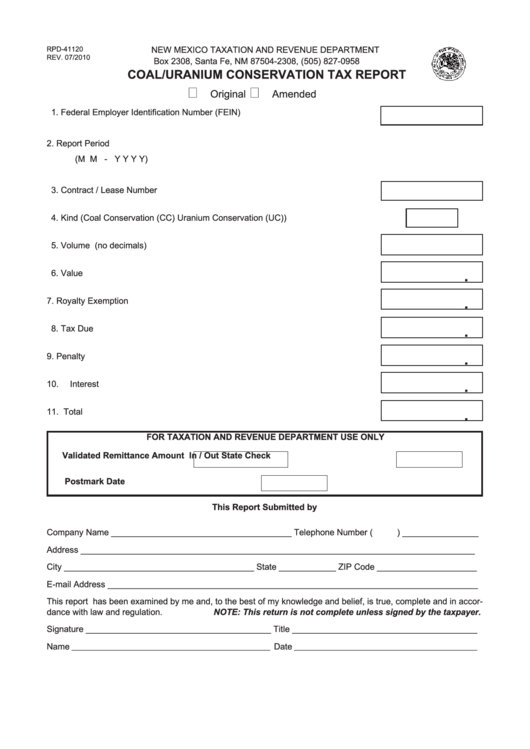 Form Rpd-41120 - Coal/uranium Conservation Tax Report Printable pdf