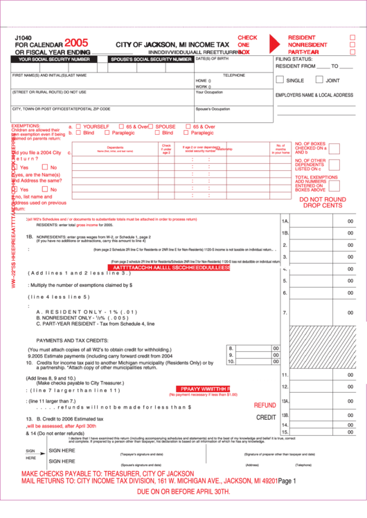 Form J1040 - Income Tax Individual Return - City Of Jackson - 2005 Printable pdf