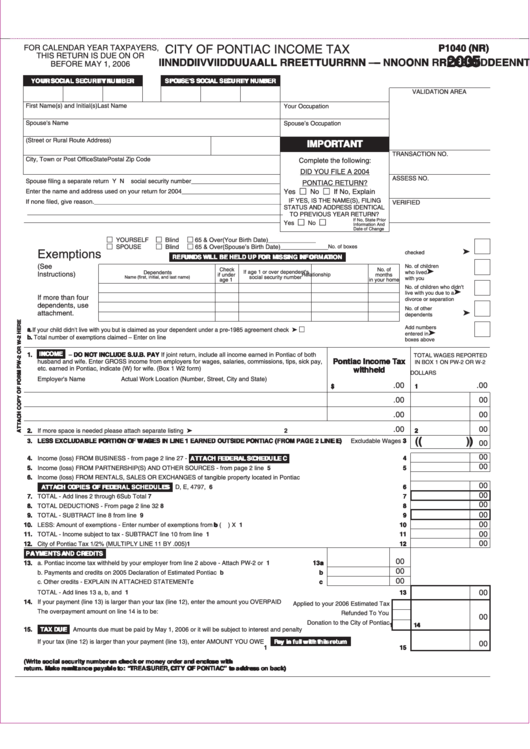 Form P1040 (Nr) - City Of Pontiac Income Tax, Individual Return - Non Resident - 2005 Printable pdf