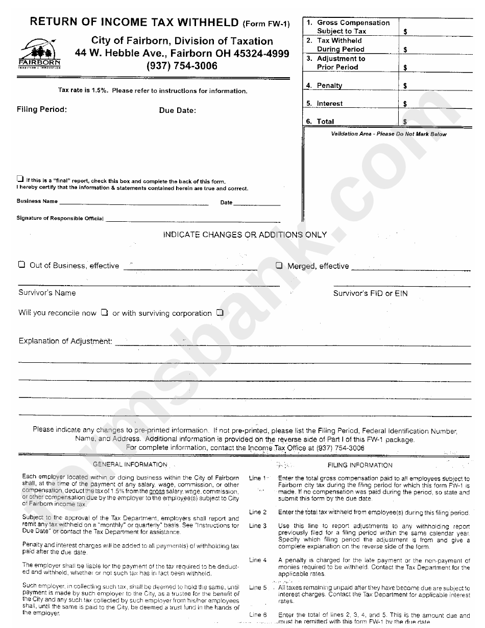 Form Fw-1 - Return Of Income Tax Withheld