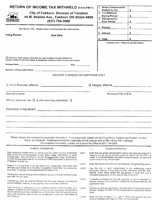 Form Fw-1 - Return Of Income Tax Withheld Printable pdf