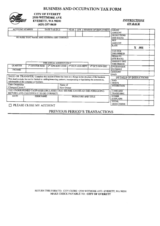 Business And Occupation Tax Form - City Of Everett Printable pdf