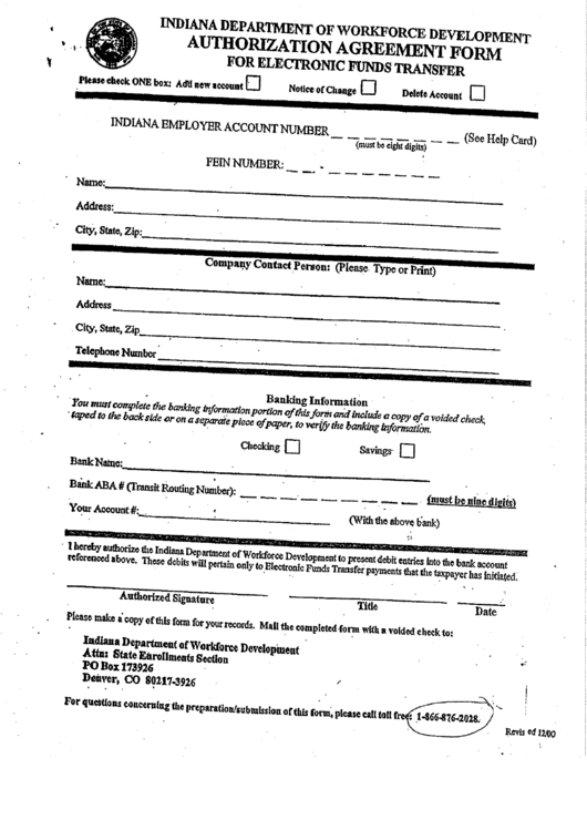 Auhorization Agreement Form - Indiana Department Of Workforce Development Printable pdf
