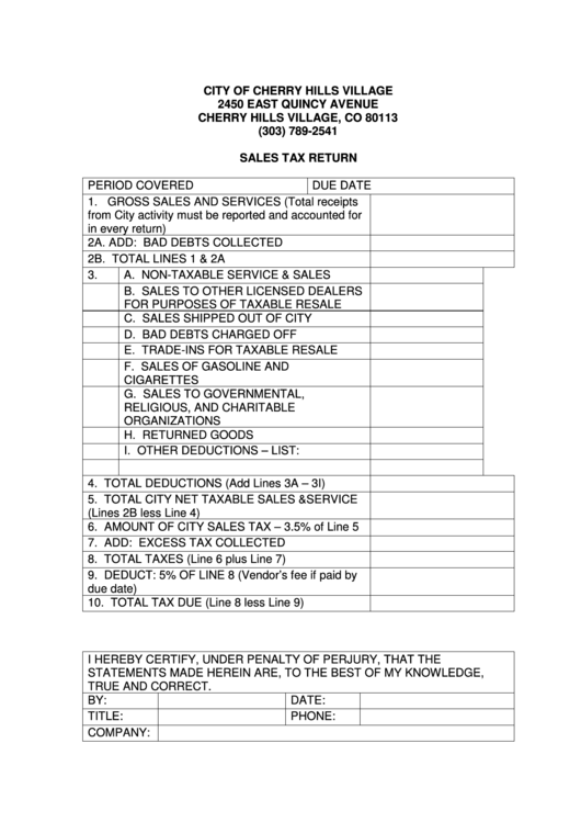 Sales Tax Return Form - City Of Cherry Hills Village Printable pdf
