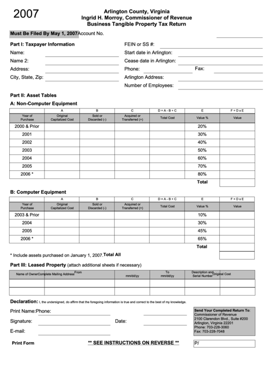 Fillable Business Tangible Property Tax Return Form 2007 - Arlington County, Virginia Printable pdf