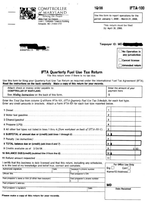 Form Ifta-100 - Ifta Quartely Fuel Tax Return Printable pdf