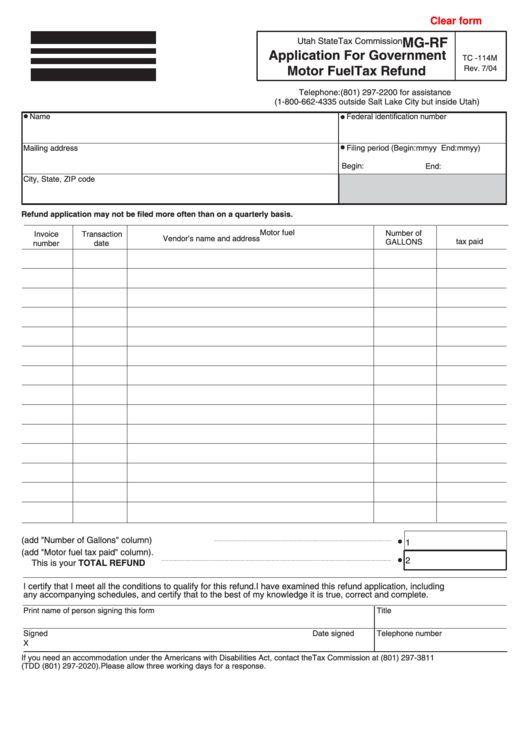 Fillable Form Mg-Rf - Application For Government Motor Fuel Tax Refund - Utah State Tax Commission Printable pdf