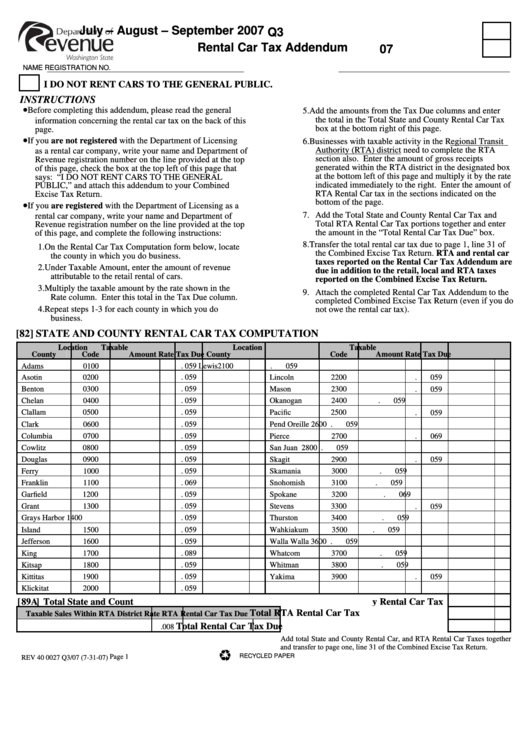 Rental Car Addendum Form - Department Of Revenue Washington State Printable pdf