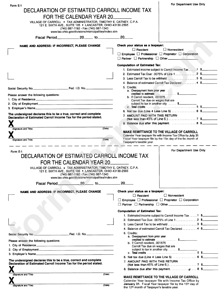 Form E-1 - Declaration Of Estimated Carroll Income Tax