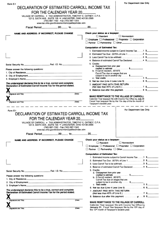 Form E-1 - Declaration Of Estimated Carroll Income Tax Printable pdf
