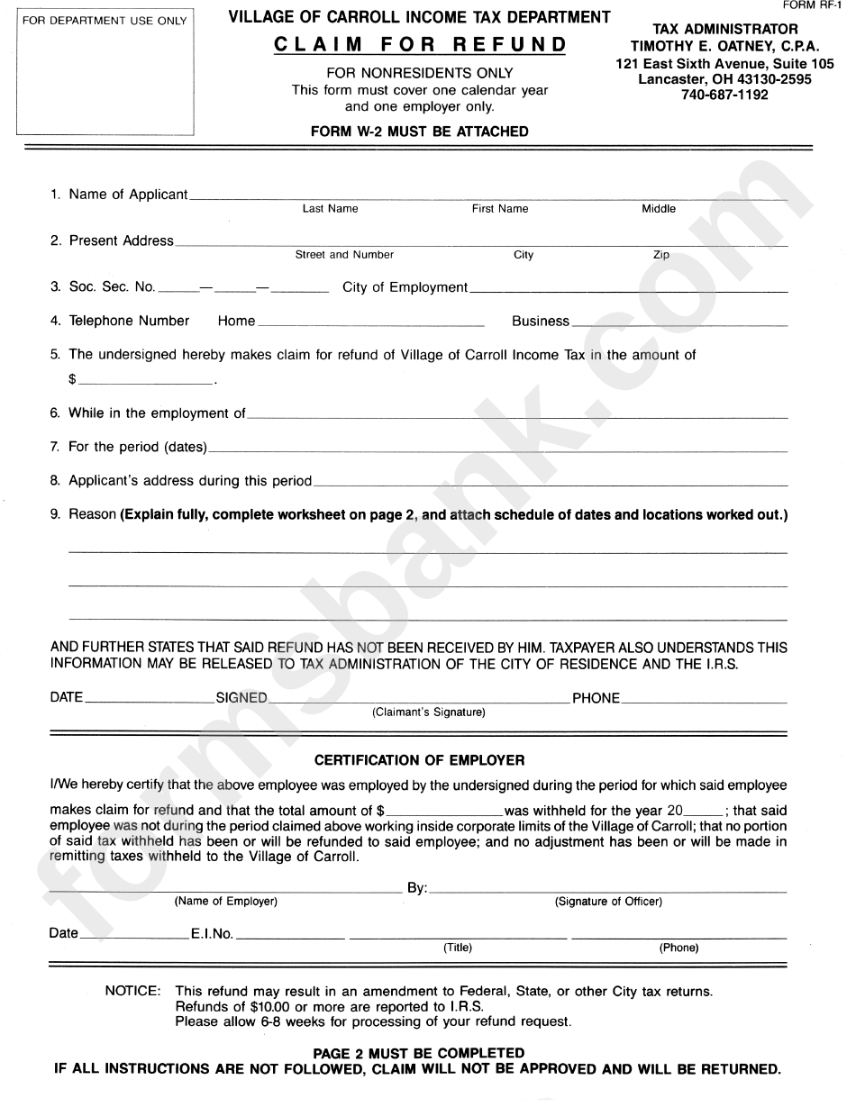 Form Rf-1 - Claim For Refund - Village Of Carrol Income Tax Repartment