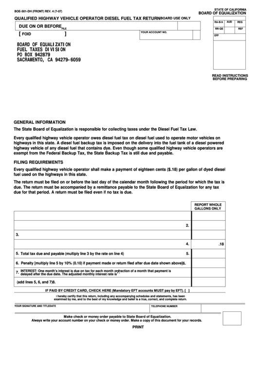 Fillable Form Boe-501-Dh - Qualified Highway Vehicle Operator Diesel Fuel Tax Return Printable pdf