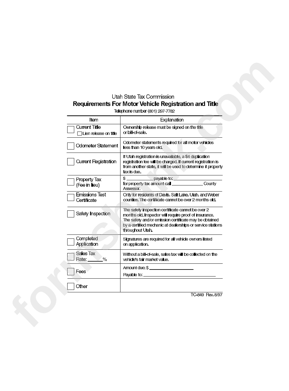 Form Tc-849 - Requirements For Motor Vehile Registration And Title - Utah State Tax Commission