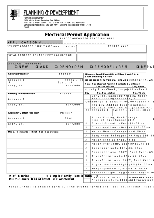Electrical Permit Application Form - Permit Service Center Printable pdf