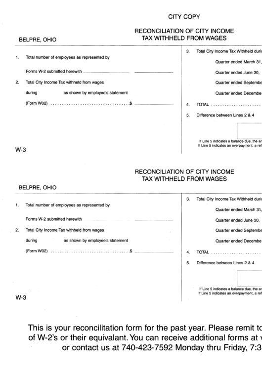 Reconciliation Of City Income Tax Withheld From Wages Form - Belpre - Ohio Printable pdf