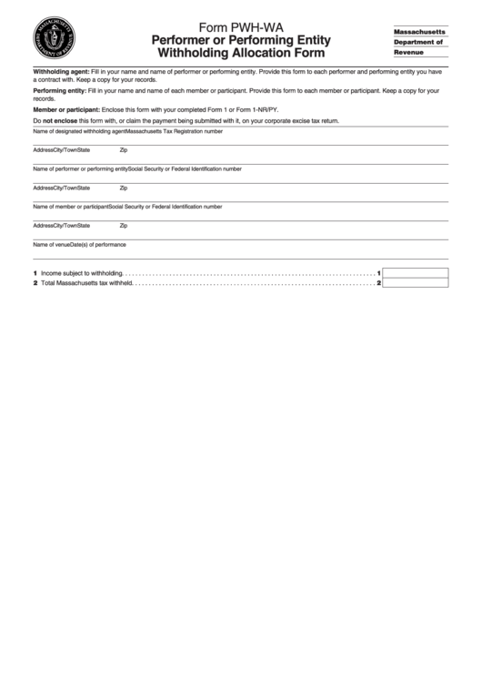 Form Pwh-Wa - Performer Or Performing Entity Withholding Allocation Form - Massachusetts Department Of Revenue - Massachusetts Printable pdf